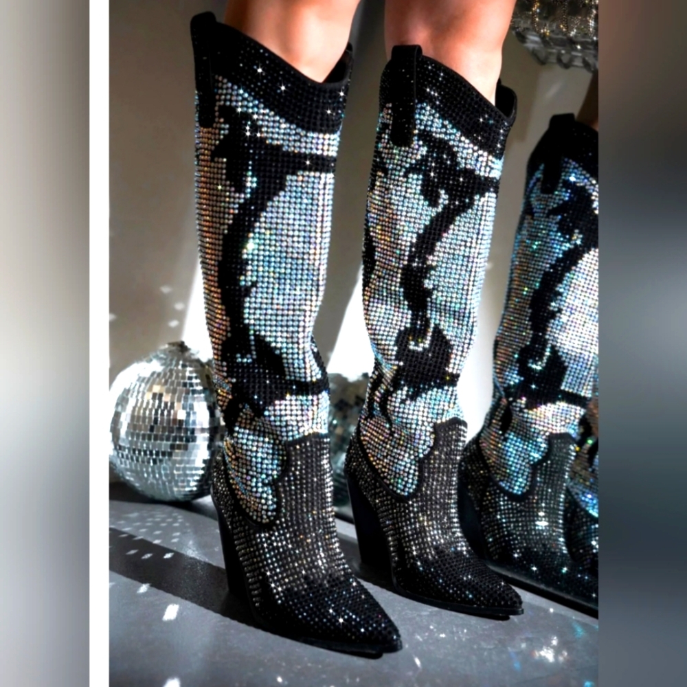 Brand New Sequin Embellished Black and Silver Women's Boots